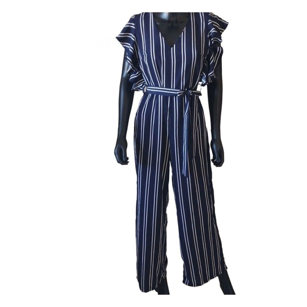 CBR Women's Large Jumpsuit‎ Striped Wide Leg Ruffle Shirt Sleeves V-Neck